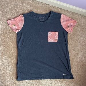 GUESS Navy Tee with Pink Floral Sleeves and Pocket Accent